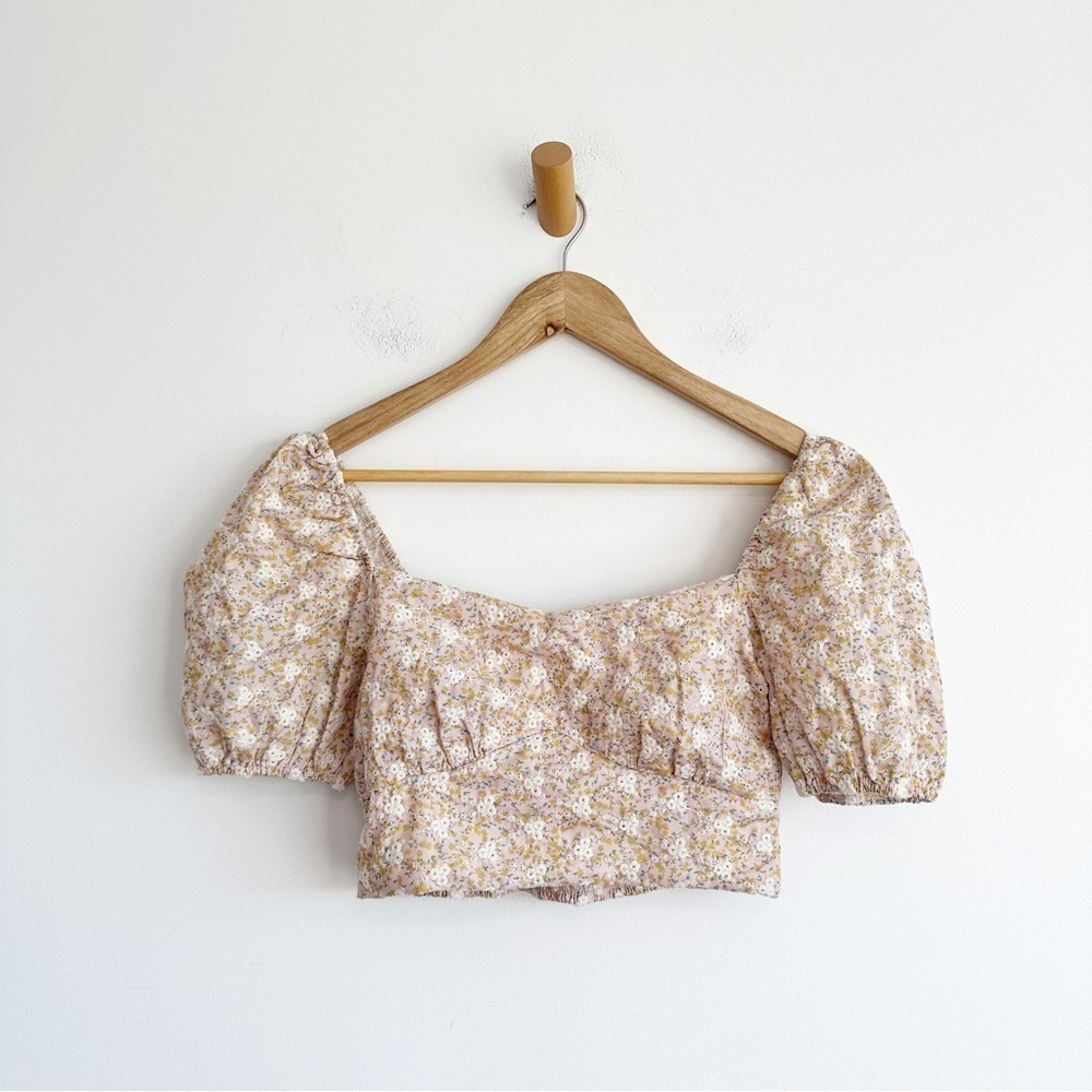 STORIA Floral Embroidered Puff Sleeve Crop Top Small Pink Apricot
